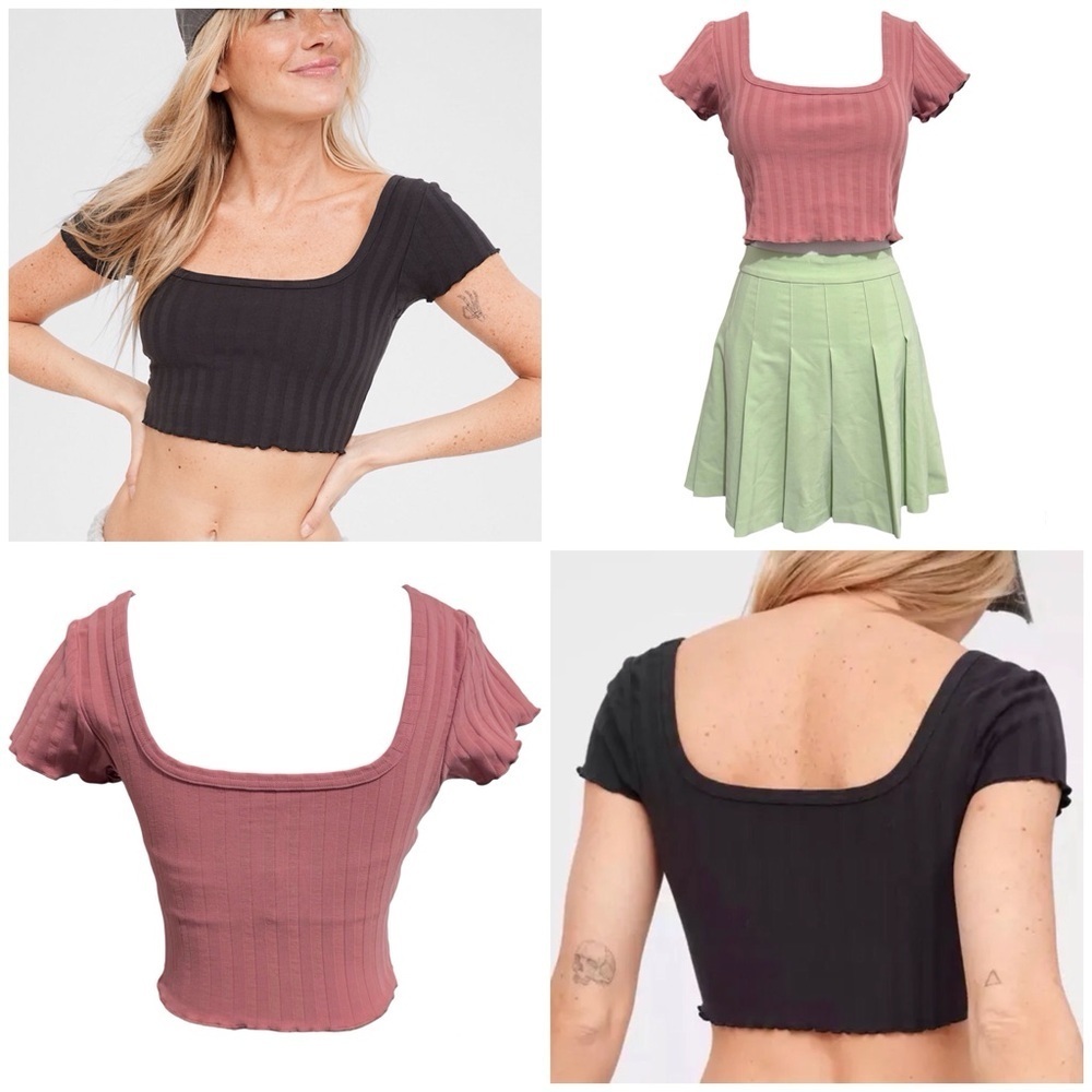 OFFLINE By Aerie OG Groove Square Neck Short Sleeve Lettuce Edge Crop Top Medium